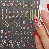 6 Sheets Metallic Flowers Nail Stickers French Line Nail Decals Geometric Lines Golden Strips Nail Art Stickers Little Daisy Sli