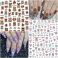 10 Sheets Cute Bear Nail Stickers Decal Cute Cartoon Nail Art Supplies 3D Self Adhesive Fashion Trend Little Bear Designer Nail