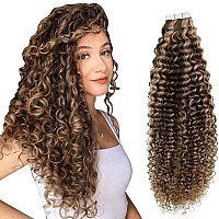 Easyouth Curly Tape In Hair Extensions Human Hair Curly Hair Extensions Tape In Medium Brown Highlight Honey Blonde Tape Ins Hai