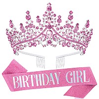 Velscrun Pink Crystal Birthday Tiara Crowns For Women Girls Elegant Princess Crown With Combs Birthday Girl Headband Sash Happy