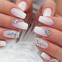 Yoyoee Medium Coffin Press On Nails Crystal Gem Design Fake Nails Acrylic Gradient Bling False Nails Reusable Ballerina Stick On