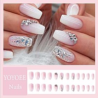 Yoyoee Medium Coffin Press On Nails Crystal Gem Design Fake Nails Acrylic Gradient Bling False Nails Reusable Ballerina Stick On