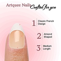 Artquee French Tip Press On Nails Medium Length Fake Nails Almond White Clear Nude False Nail Tips Reusable Acrylic Stick On Fin