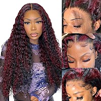 30Inch Skunk Stripe Wig Burgundy With Black Highlights Deep Wave Lace Front Wig Human Hair 13X4 Balayage Hd Lace Colored Wet And