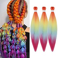 Prestretched Braiding Hair Ombre Rainbow Braiding Hair Extensions 26 Inch 3 Packs Hot Water Setting Professional Soft Yaki Synt