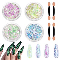 Allstarry 4Pcs Holographic Nail Glitter Flakes Iridescent Opal Sequins Ultrathin Mermaid Chrome Pigment Flakes Colorshift Nai