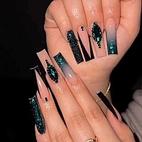 Babalal Coffin Press On Nails Long Fake Nails Green Glue On Nails French Tip Rhinestone Acrylic Nails Glitter Ballerina Stick On