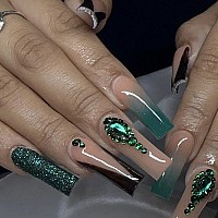 Babalal Coffin Press On Nails Long Fake Nails Green Glue On Nails French Tip Rhinestone Acrylic Nails Glitter Ballerina Stick On