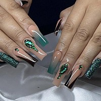 Babalal Coffin Press On Nails Long Fake Nails Green Glue On Nails French Tip Rhinestone Acrylic Nails Glitter Ballerina Stick On