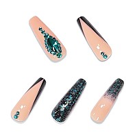 Babalal Coffin Press On Nails Long Fake Nails Green Glue On Nails French Tip Rhinestone Acrylic Nails Glitter Ballerina Stick On