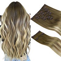 Hotbanana Clip In Hair Extensions Real Human Hair 140G 9Pcs 16 Inch Walnut Brown To Ash Brown And Bleach Blonde Clip In Human Ha