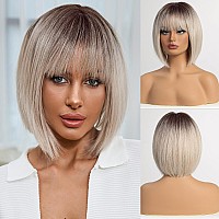 Emmor Omber Blonde Bob Wig With Bangs 12 Short Bob Wigs For Women Short Blonde Wig With Dark Roots Heat Resistant Synthetic Wig