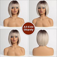 Emmor Omber Blonde Bob Wig With Bangs 12 Short Bob Wigs For Women Short Blonde Wig With Dark Roots Heat Resistant Synthetic Wig