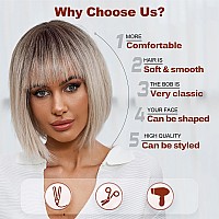 Emmor Omber Blonde Bob Wig With Bangs 12 Short Bob Wigs For Women Short Blonde Wig With Dark Roots Heat Resistant Synthetic Wig