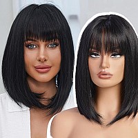 Emmor Black Bob Wig With Bangs 15 Short Bob Wigs For Women Short Black Wig Heat Resistant Synthetic Wig Natural Looking For Dai