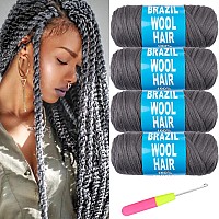 Ruiyok 4Pcs Dark Grey Brazilian Wool Hair For Braids Acrylic Hand Knitting Yarn For Hair Braiding Hair Extension Faux Locs Afric