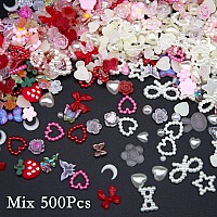 500Pcs 3D Assorted Nail Charms Red Multishapes Heart Flower Butterfly Bows Nail Art Charms Mixed Creamy White Heart Star Bow Na