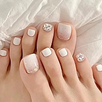 Docvoeomh White Press On Toenails For Women Glitter Rhinestones Fake Toe Nails Tips Glossy Short Square Acrylic False Glue On To