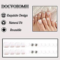 Docvoeomh White Press On Toenails For Women Glitter Rhinestones Fake Toe Nails Tips Glossy Short Square Acrylic False Glue On To