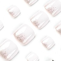 Docvoeomh White Press On Toenails For Women Glitter Rhinestones Fake Toe Nails Tips Glossy Short Square Acrylic False Glue On To