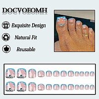 Docvoeomh French Tips Blue Press On Toenails For Women Short Square Glossy Fake Toe Nails Tips Rhinestones Full Cover Acrylic Fa