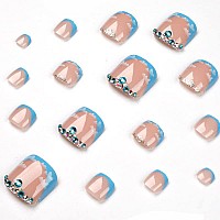 Docvoeomh French Tips Blue Press On Toenails For Women Short Square Glossy Fake Toe Nails Tips Rhinestones Full Cover Acrylic Fa