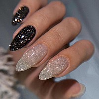 Babalal Almond Press On Nails Medium Fake Nails Black White Glue On Nails Glitter Stiletto Acrylic Nails Shiny False Nails For W