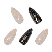 Babalal Almond Press On Nails Medium Fake Nails Black White Glue On Nails Glitter Stiletto Acrylic Nails Shiny False Nails For W