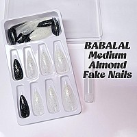 Babalal Almond Press On Nails Medium Fake Nails Black White Glue On Nails Glitter Stiletto Acrylic Nails Shiny False Nails For W