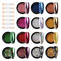 Chrome Nail Powder Set 14 Colors Pink Blue Silver Metallic Effect Mirror Powder For Nails With Brushes Holographic Pigment Chame