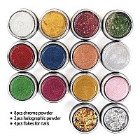 Chrome Nail Powder Set 14 Colors Pink Blue Silver Metallic Effect Mirror Powder For Nails With Brushes Holographic Pigment Chame