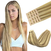 Goo Goo Tape In Hair Extensions Human Hair 1622 Light Blonde Highlighted Golden Blonde 18Inch 25G 10Pcs Thick Ends Straight