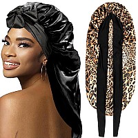 2Pcs Bonnets For Black Women Braid Bonnet Large Long Satin Bonnet For Braids Silk Bonnet With Stretchy Tie Band Sleep Cap Hair