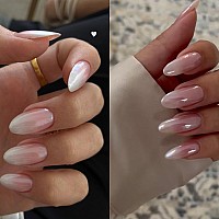 Press On Nails Almond Showmore Baby Pink White Gradient Hailey Chrome Fake Nails Medium Glazed Chrome Neutral Glue On Nails Fre