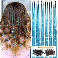 Sky Blue Hair Tinsel Kit With Tool 6Pcs 1200 Strands Glitter Tinsel Hair Extensions Heat Resistant Sparkling Shiny Fairy Hair Ac