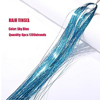 Sky Blue Hair Tinsel Kit With Tool 6Pcs 1200 Strands Glitter Tinsel Hair Extensions Heat Resistant Sparkling Shiny Fairy Hair Ac