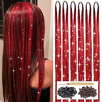 Red Hair Tinsel Kit With Tool 6Pcs 1200 Strands Hair Tinsel Heat Resistant Fairy Hair Sparkling Shiny Glitter Tinsel Hair Extens