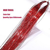 Red Hair Tinsel Kit With Tool 6Pcs 1200 Strands Hair Tinsel Heat Resistant Fairy Hair Sparkling Shiny Glitter Tinsel Hair Extens