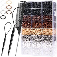 Small Hair Ties Set 2000 Pcs Rubber Bands With Organizer Box 7 Natural Colors Clearblackbrown Rat Tail Comb Included Tsma