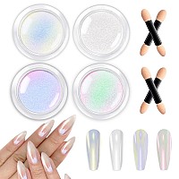 Bishengyf 4 Pcs White Chrome Nail Powder Pearl Chrome Powder For Gel Polish Nails Gifts For Women Transparent Aurora Glitter P