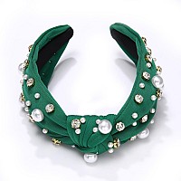 Glbcc Pearl Knotted Headband For Women White Pearl Rhinestone Crystal Jeweled Embellished Hairband Fashion Elegant Ladies Wide T