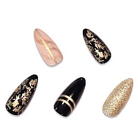 Babalal Almond Press On Nails Medium Fake Nails Black Gold Stick On Nails 24Pcs Stiletto Acrylic Nails For Women And Girls