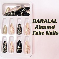 Babalal Almond Press On Nails Medium Fake Nails Black Gold Stick On Nails 24Pcs Stiletto Acrylic Nails For Women And Girls