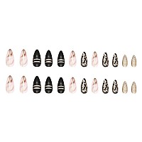 Babalal Almond Press On Nails Medium Fake Nails Black Gold Stick On Nails 24Pcs Stiletto Acrylic Nails For Women And Girls