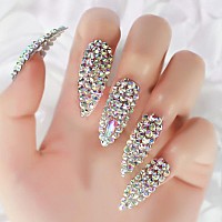 3D Bling Shiny Stones Press On Nails Ibeautying False Nails Extra Long Finger Wear Stiletto Nail Sparkly Holo Diamond Reus