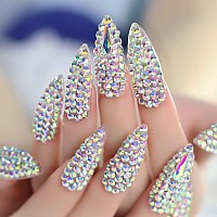 3D Bling Shiny Stones Press On Nails Ibeautying False Nails Extra Long Finger Wear Stiletto Nail Sparkly Holo Diamond Reus