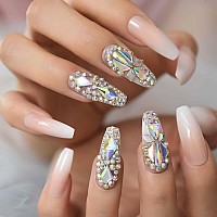 Shiny Diamond Ombre French Press On Nails Ibeautying False Nails Uv Gel Finish Finger Daily Wear Nail Super Long Coffin Re