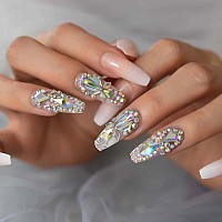 Shiny Diamond Ombre French Press On Nails Ibeautying False Nails Uv Gel Finish Finger Daily Wear Nail Super Long Coffin Re