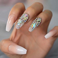 Shiny Diamond Ombre French Press On Nails Ibeautying False Nails Uv Gel Finish Finger Daily Wear Nail Super Long Coffin Re