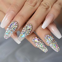 Shiny Diamond Ombre French Press On Nails Ibeautying False Nails Uv Gel Finish Finger Daily Wear Nail Super Long Coffin Re